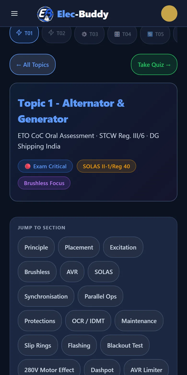 The Elec-Buddy app on a phone, open at Topic 1, Alternator and Generator, with its list of jump-to-section links